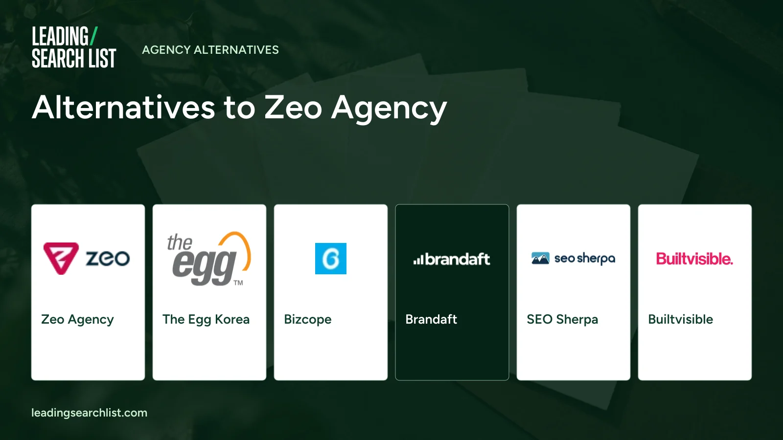 Alternatives to Zeo Agency. Logos shown: Zeo Agency, The Egg Korea, Bizcope, Brandaft, SEO Sherpa, Builtvisible. Leading Search List.