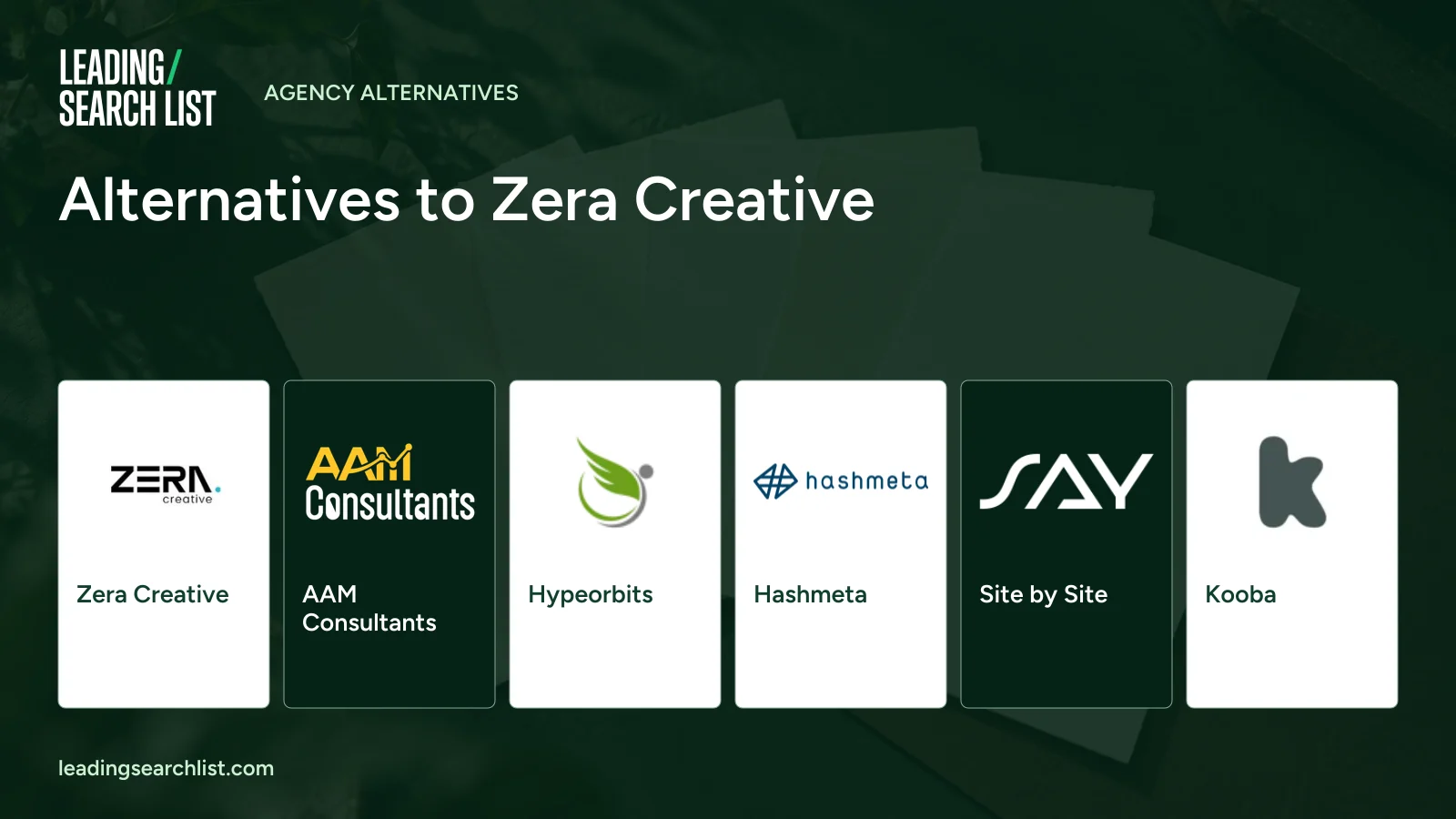 Alternatives to Zera Creative. Logos shown: Zera Creative, AAM Consultants, Hypeorbits, Hashmeta, Site by Site, Kooba. Leading Search List.