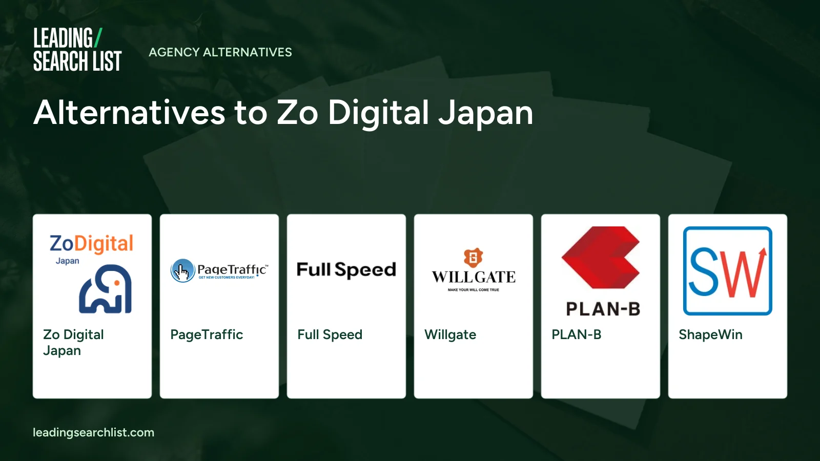 Alternatives to Zo Digital Japan. Logos shown: Zo Digital Japan, PageTraffic, Full Speed, Willgate, PLAN-B, ShapeWin. Leading Search List.