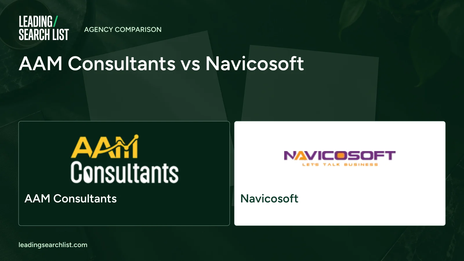 AAM Consultants vs Navicosoft. Logos shown: AAM Consultants, Navicosoft. Leading Search List.