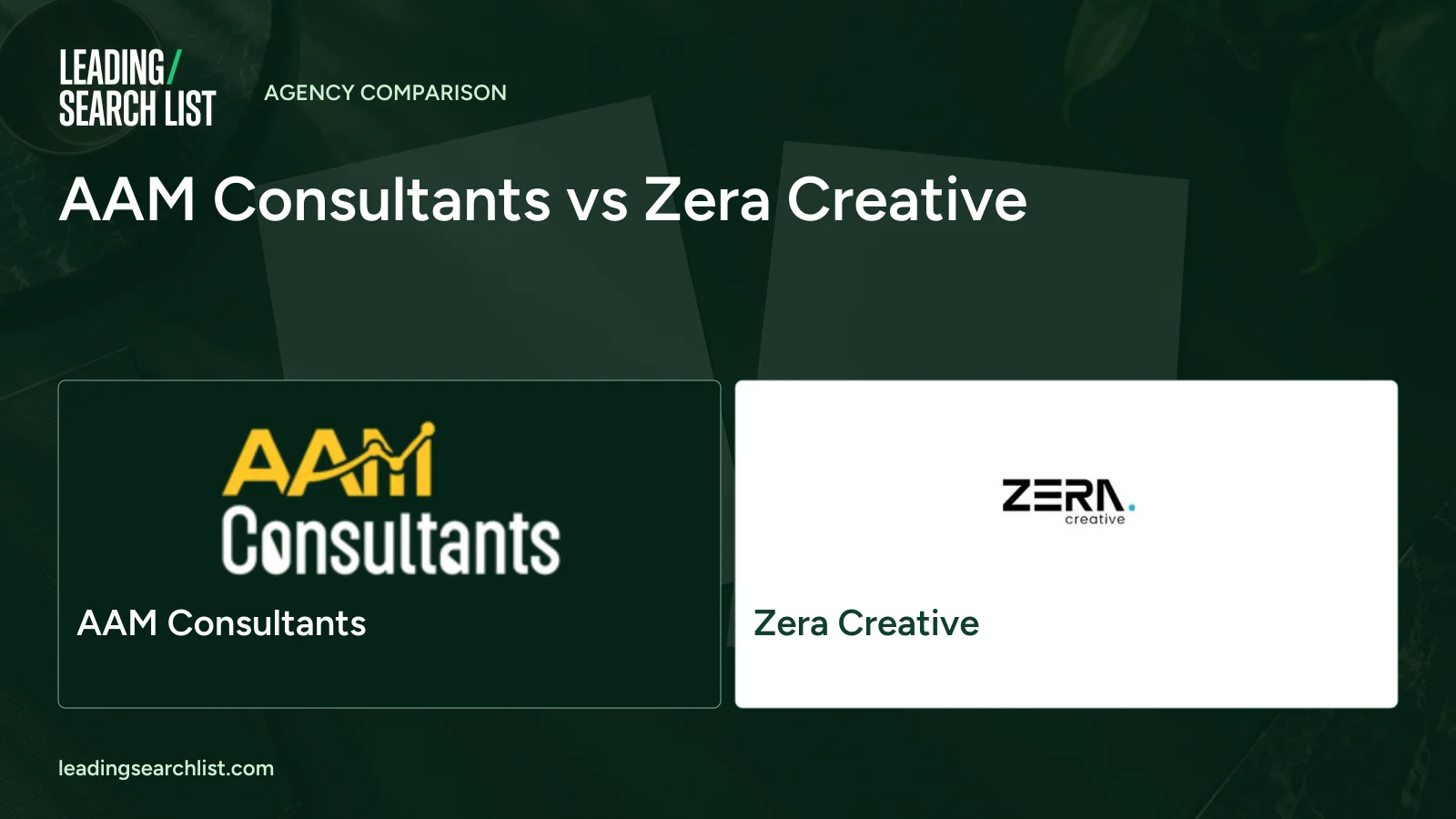 AAM Consultants vs Zera Creative. Logos shown: AAM Consultants, Zera Creative. Leading Search List.