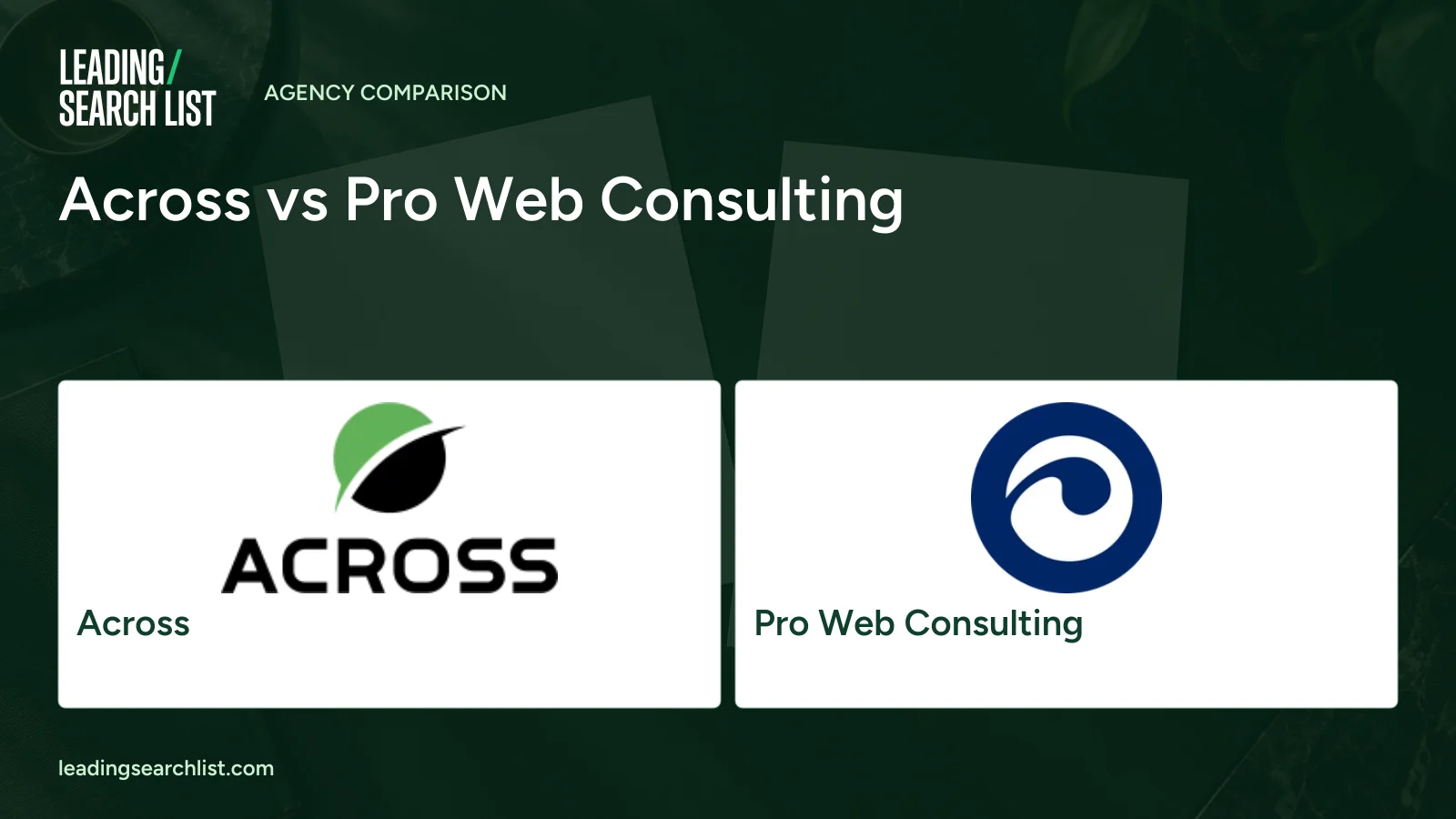 Across vs Pro Web Consulting. Logos shown: Across, Pro Web Consulting. Leading Search List.