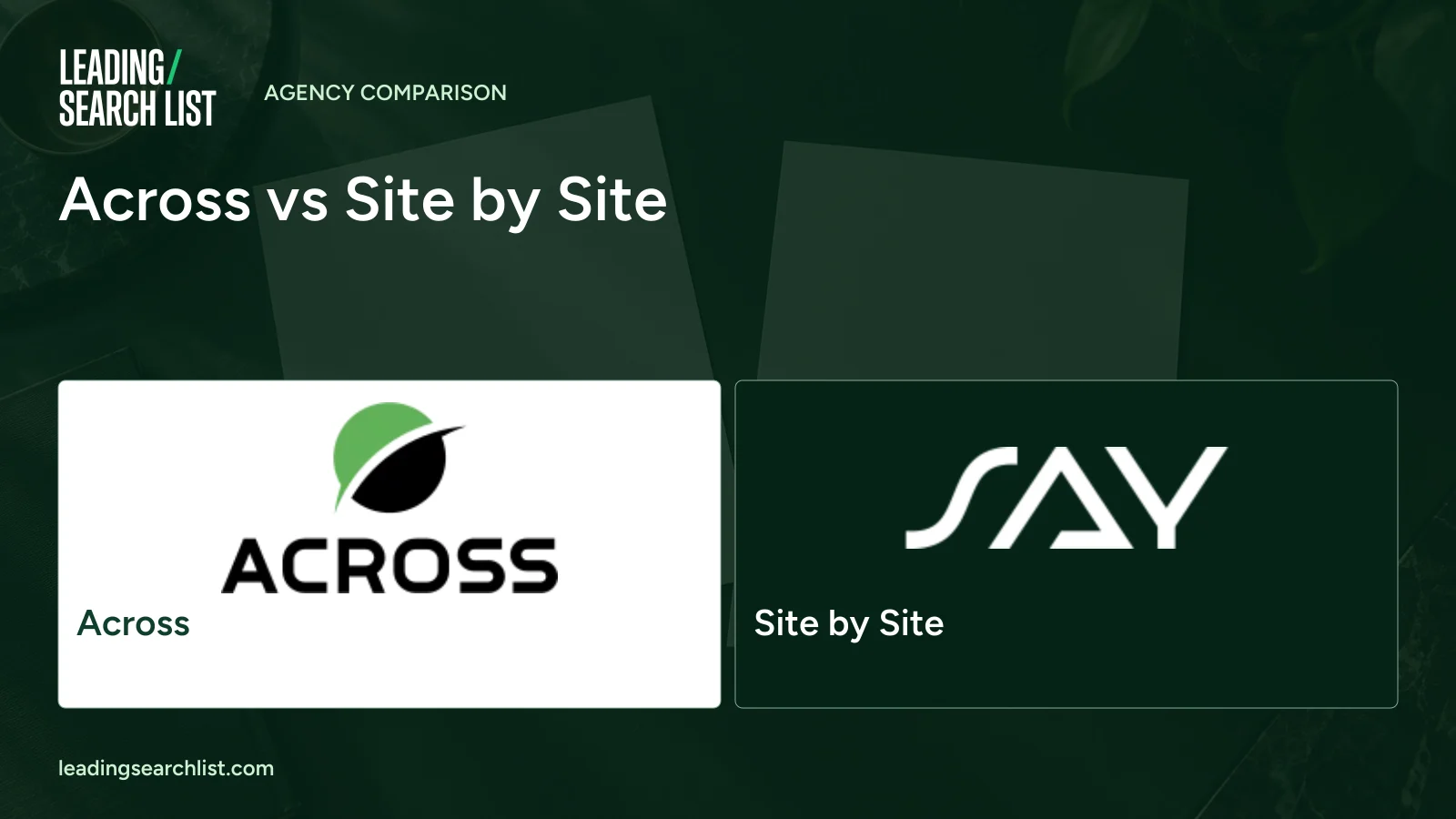 Across vs Site by Site. Logos shown: Across, Site by Site. Leading Search List.