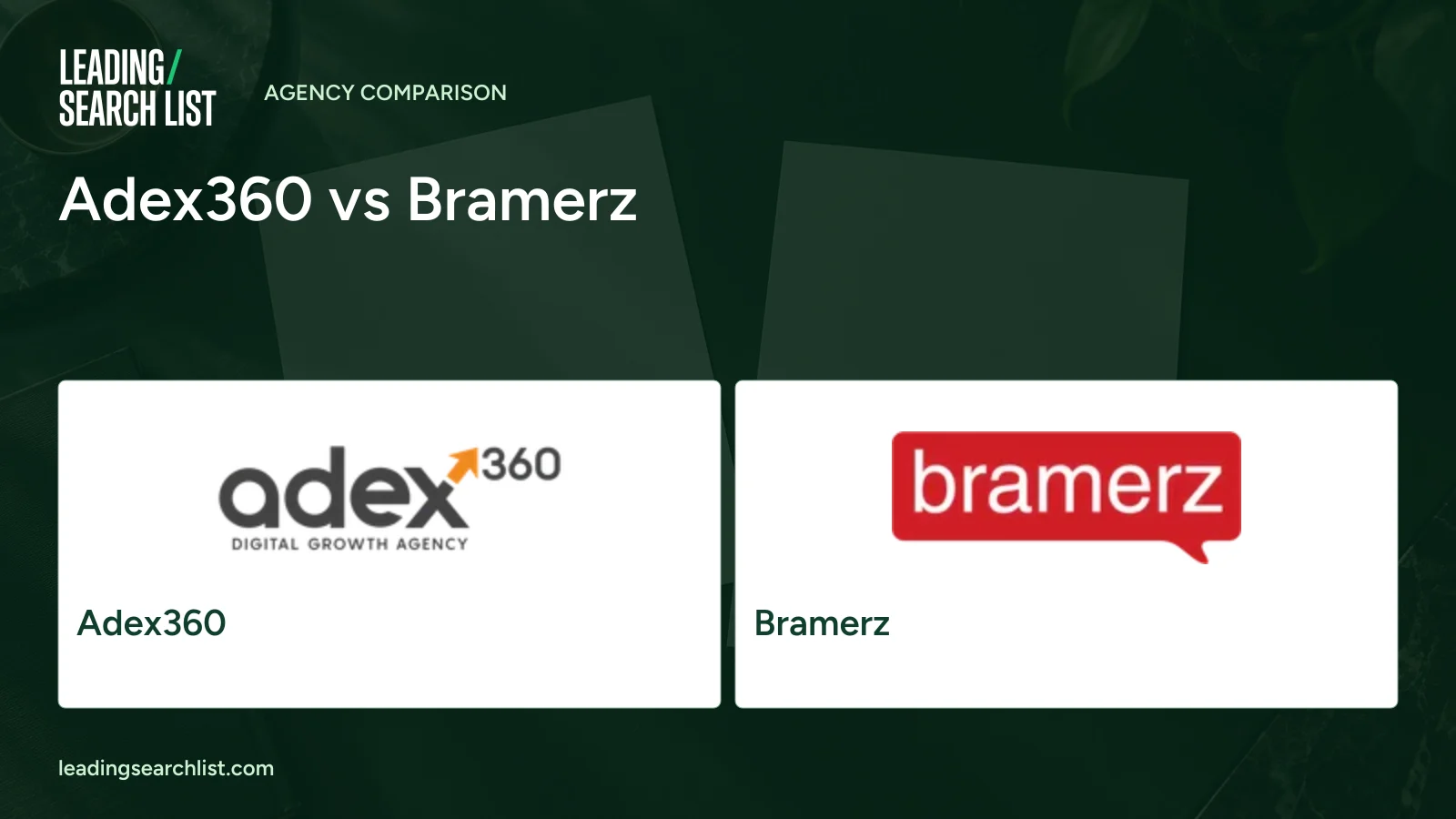 Adex360 vs Bramerz. Logos shown: Adex360, Bramerz. Leading Search List.