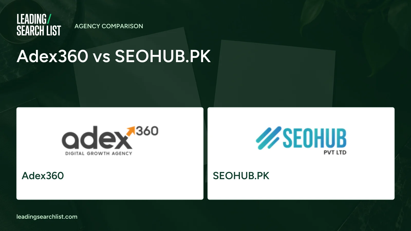 Adex360 vs SEOHUB.PK. Logos shown: Adex360, SEOHUB.PK. Leading Search List.