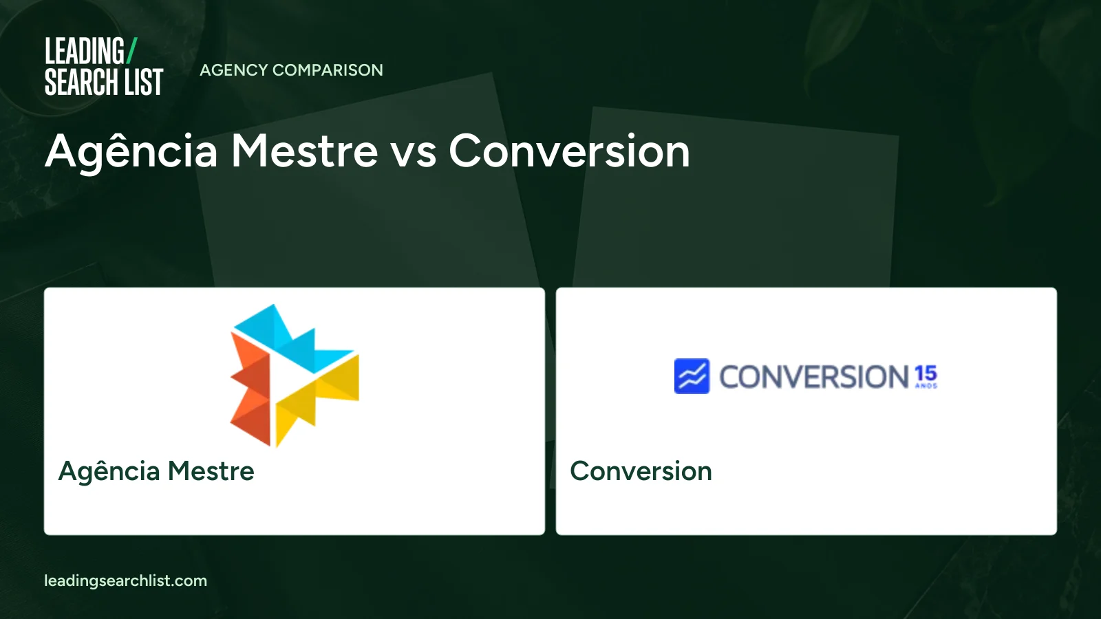 Agência Mestre vs Conversion. Logos shown: Agência Mestre, Conversion. Leading Search List.