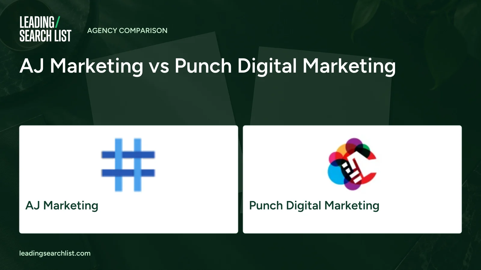 AJ Marketing vs Punch Digital Marketing. Logos shown: AJ Marketing, Punch Digital Marketing. Leading Search List.