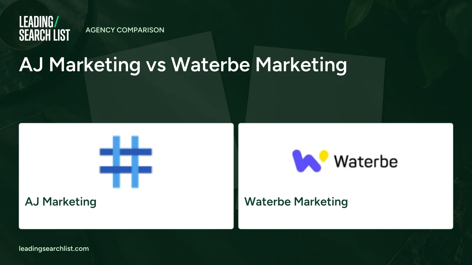 AJ Marketing vs Waterbe Marketing. Logos shown: AJ Marketing, Waterbe Marketing. Leading Search List.
