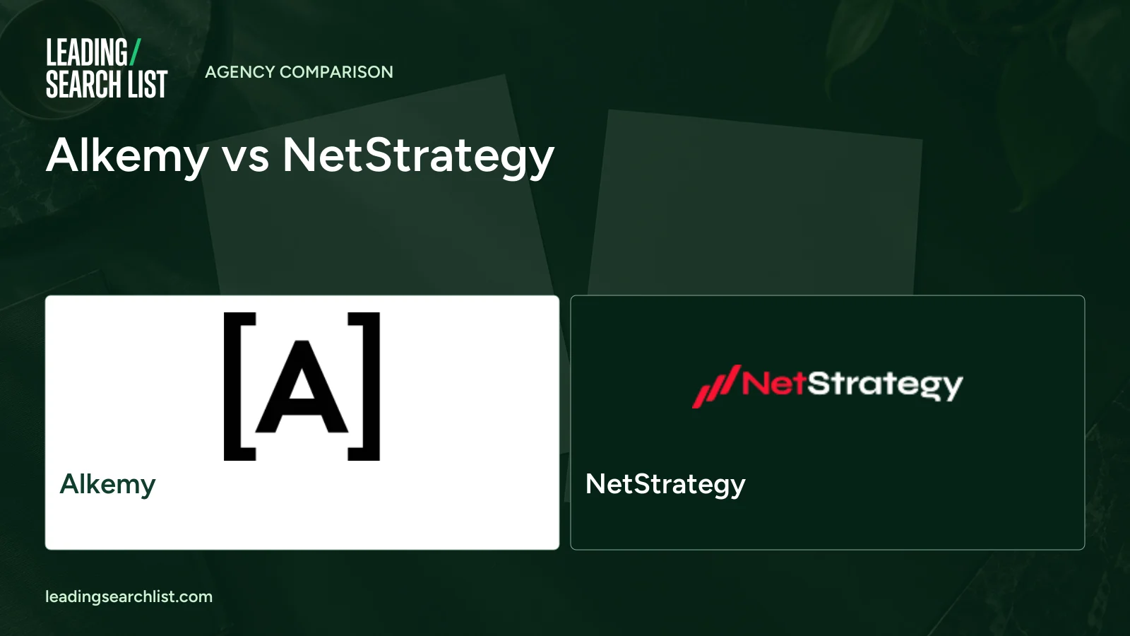 Alkemy vs NetStrategy. Logos shown: Alkemy, NetStrategy. Leading Search List.