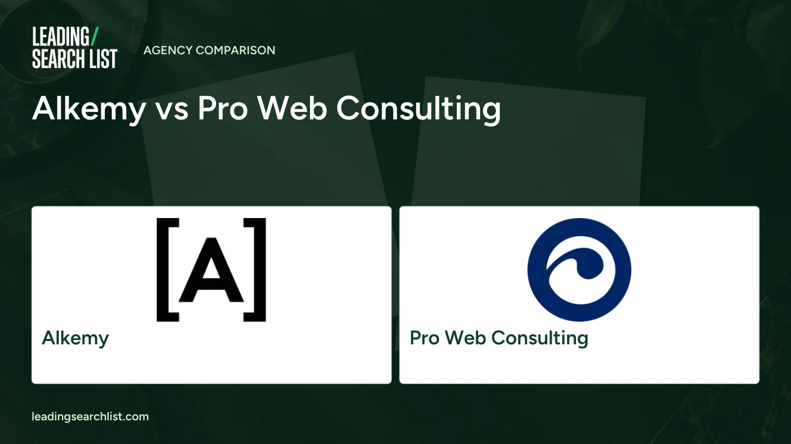 Alkemy vs Pro Web Consulting. Logos shown: Alkemy, Pro Web Consulting. Leading Search List.