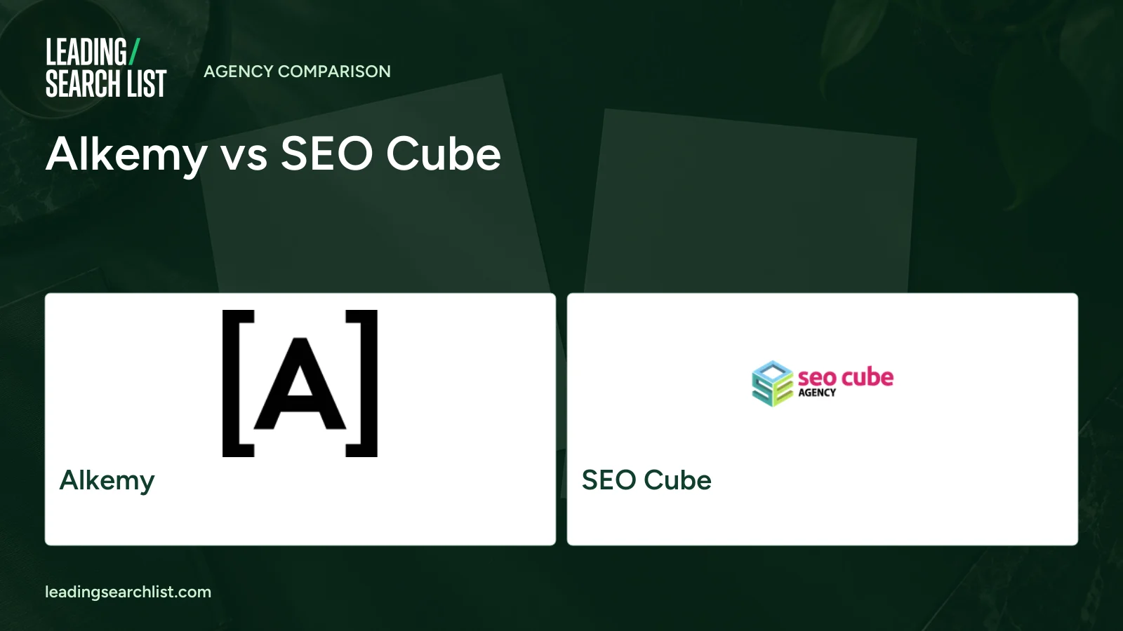 Alkemy vs SEO Cube. Logos shown: Alkemy, SEO Cube. Leading Search List.