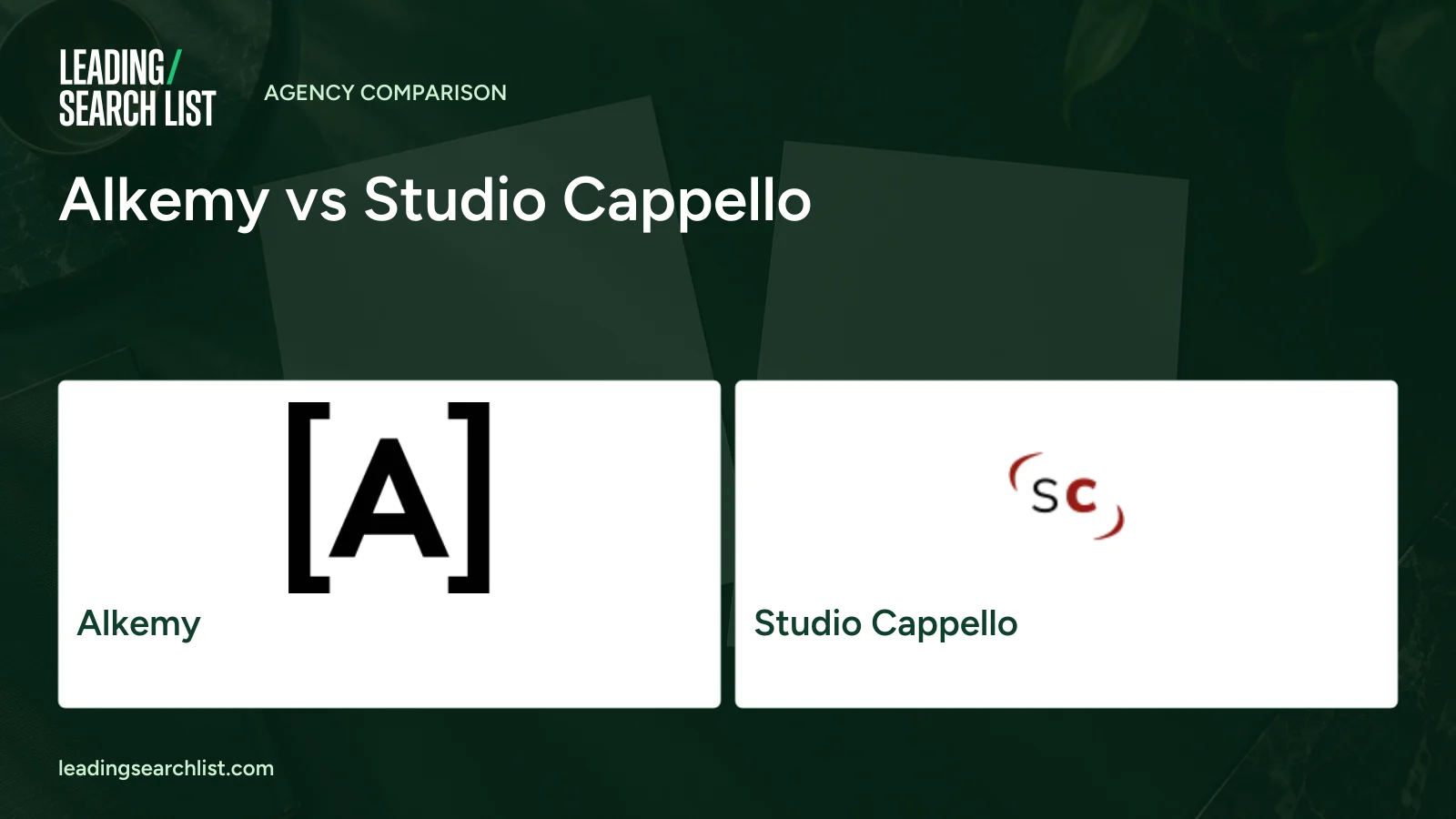 Alkemy vs Studio Cappello. Logos shown: Alkemy, Studio Cappello. Leading Search List.