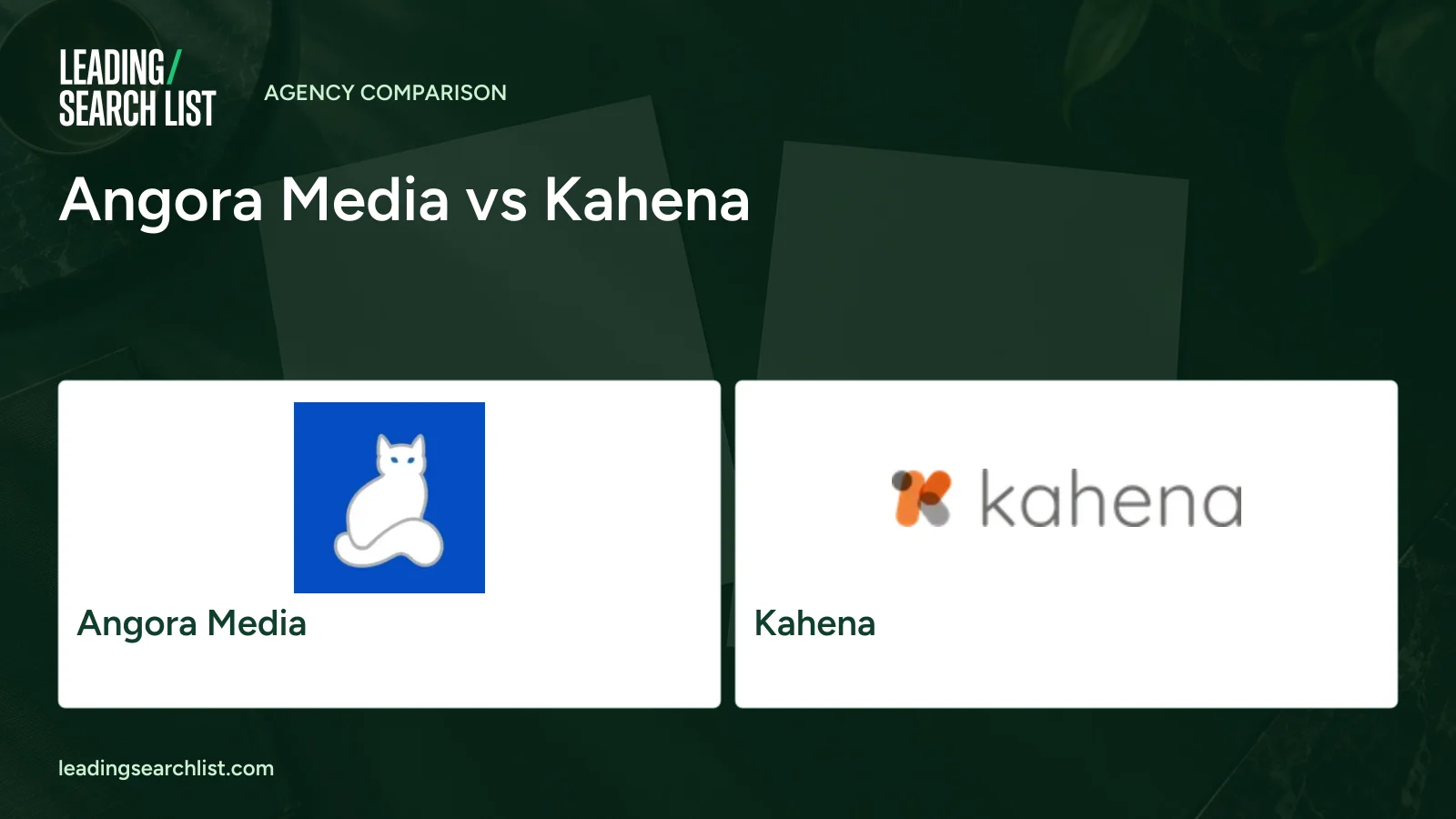Angora Media vs Kahena. Logos shown: Angora Media, Kahena. Leading Search List.