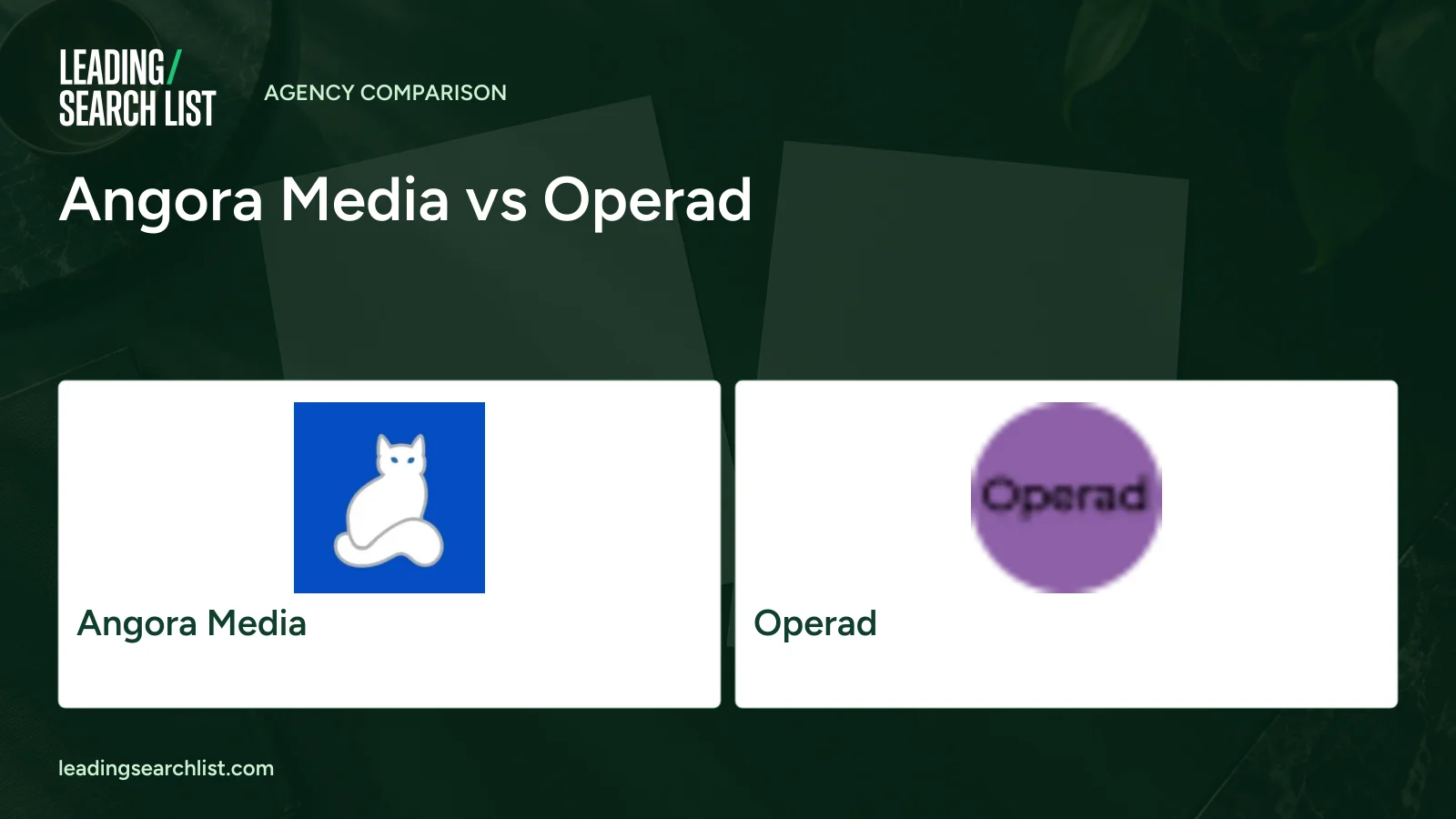 Angora Media vs Operad. Logos shown: Angora Media, Operad. Leading Search List.