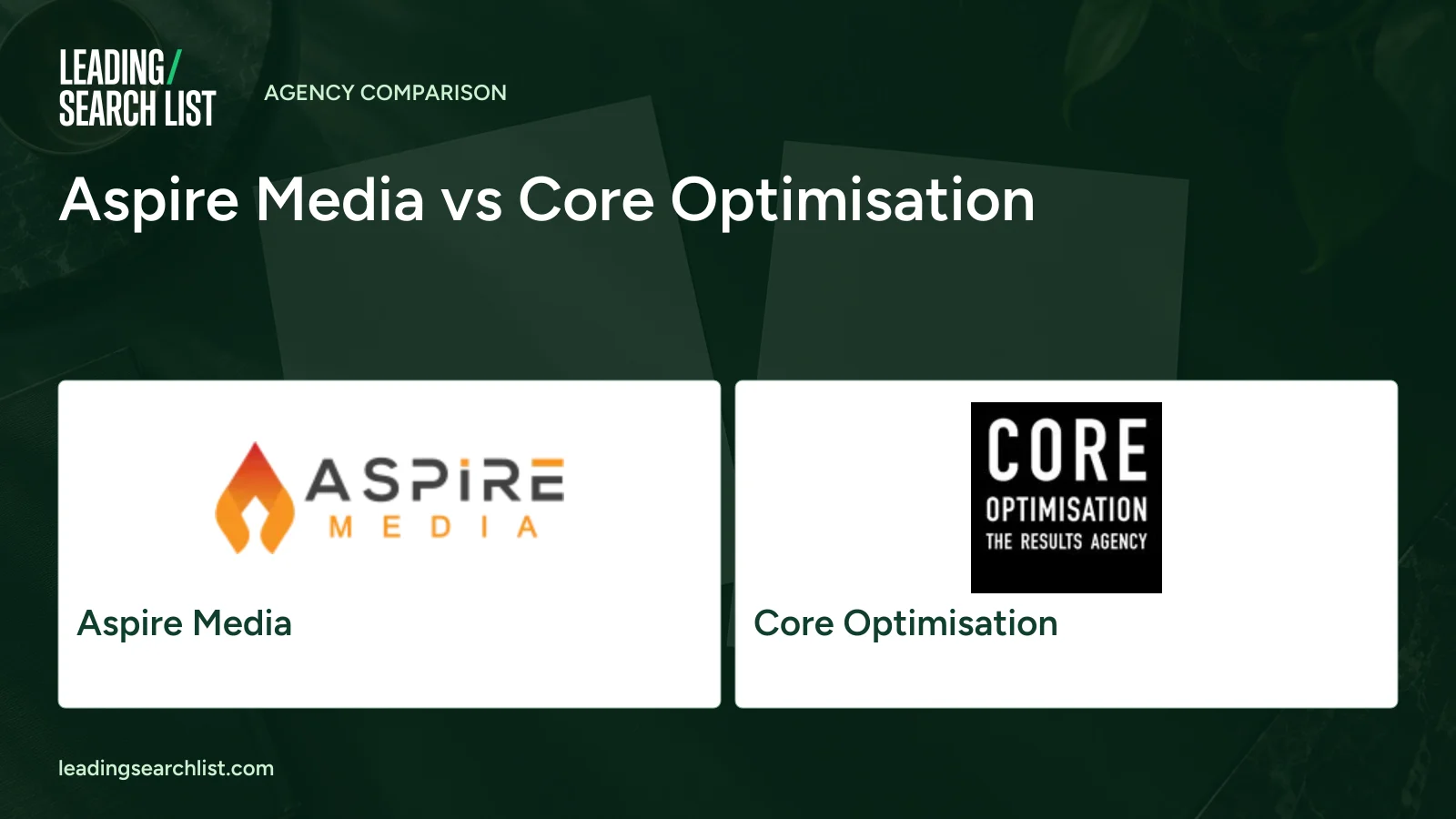 Aspire Media vs Core Optimisation. Logos shown: Aspire Media, Core Optimisation. Leading Search List.