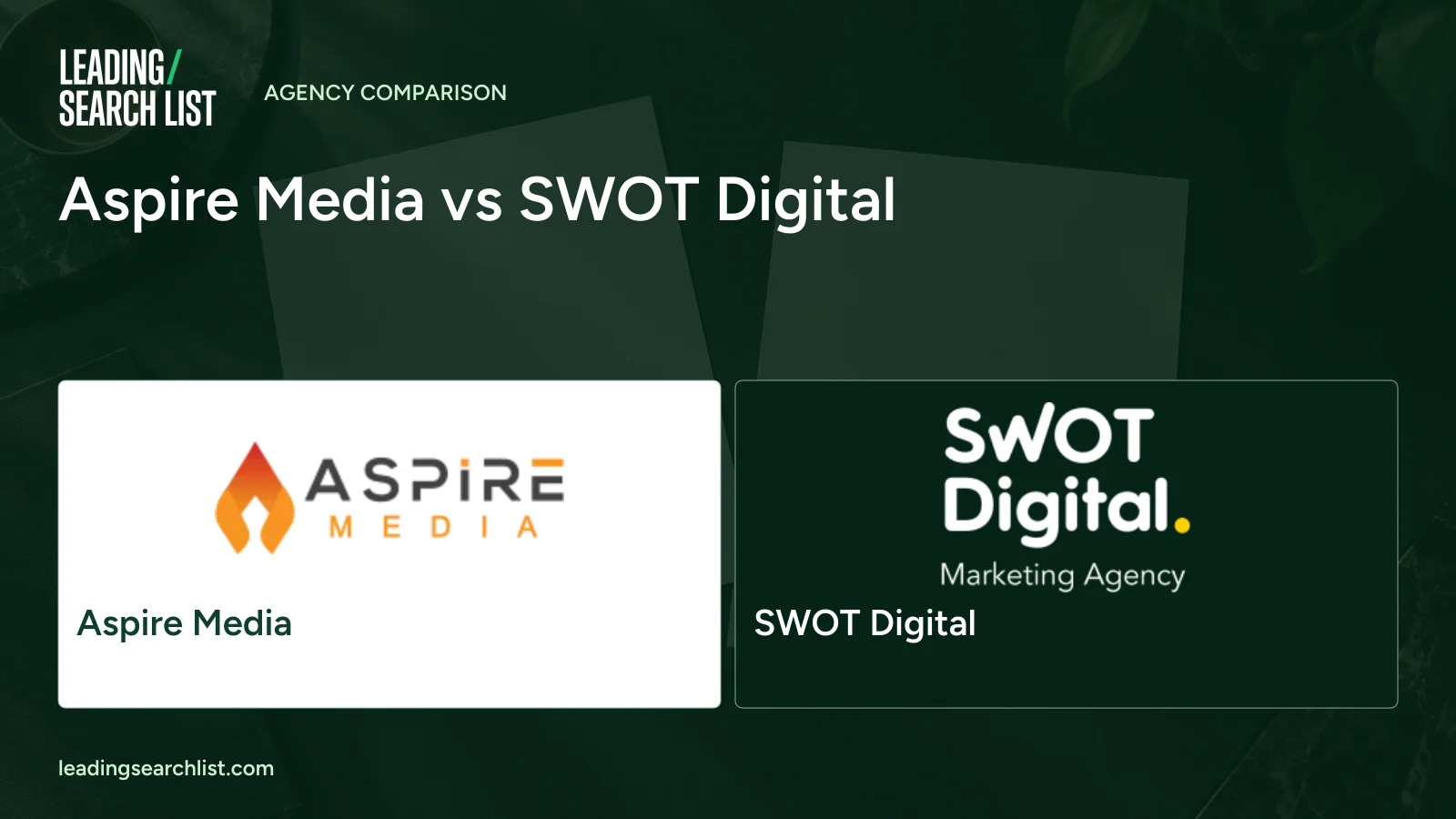 Aspire Media vs SWOT Digital. Logos shown: Aspire Media, SWOT Digital. Leading Search List.