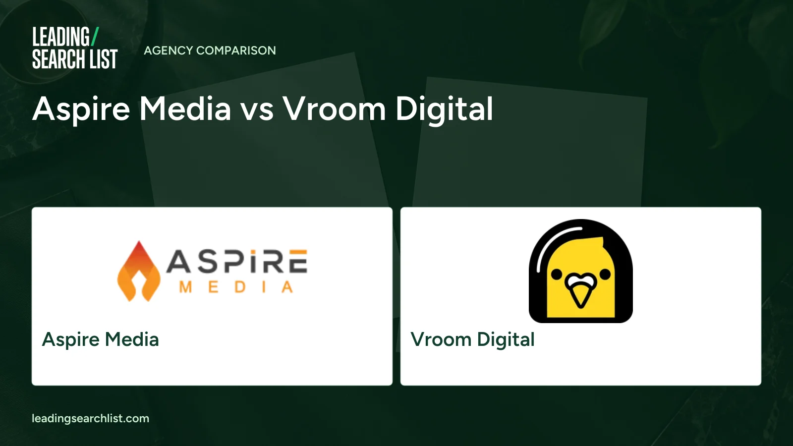Aspire Media vs Vroom Digital. Logos shown: Aspire Media, Vroom Digital. Leading Search List.