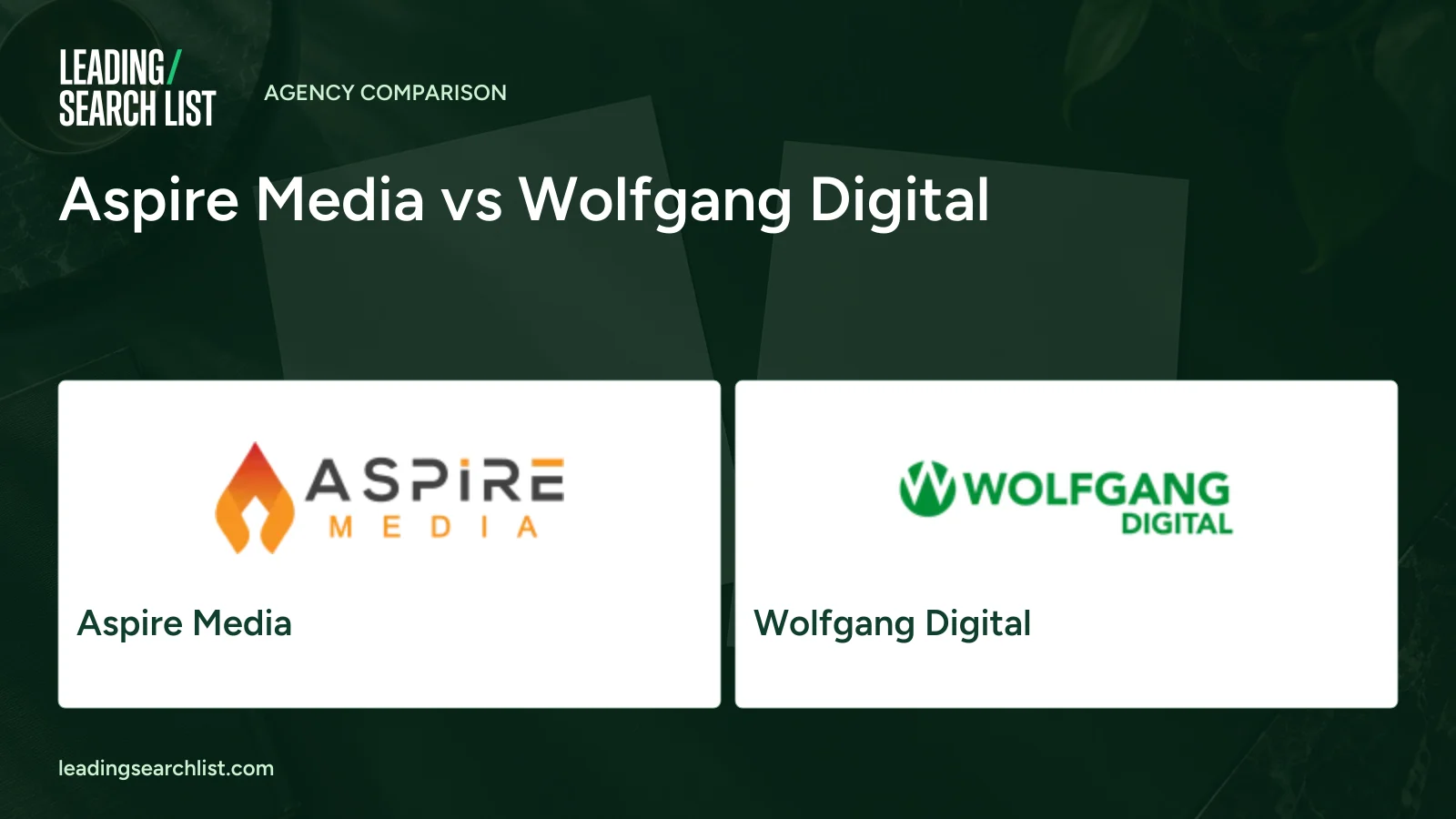 Aspire Media vs Wolfgang Digital. Logos shown: Aspire Media, Wolfgang Digital. Leading Search List.
