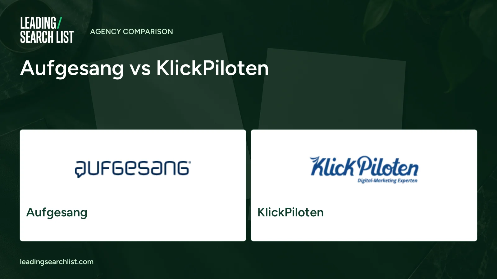 Aufgesang vs KlickPiloten. Logos shown: Aufgesang, KlickPiloten. Leading Search List.