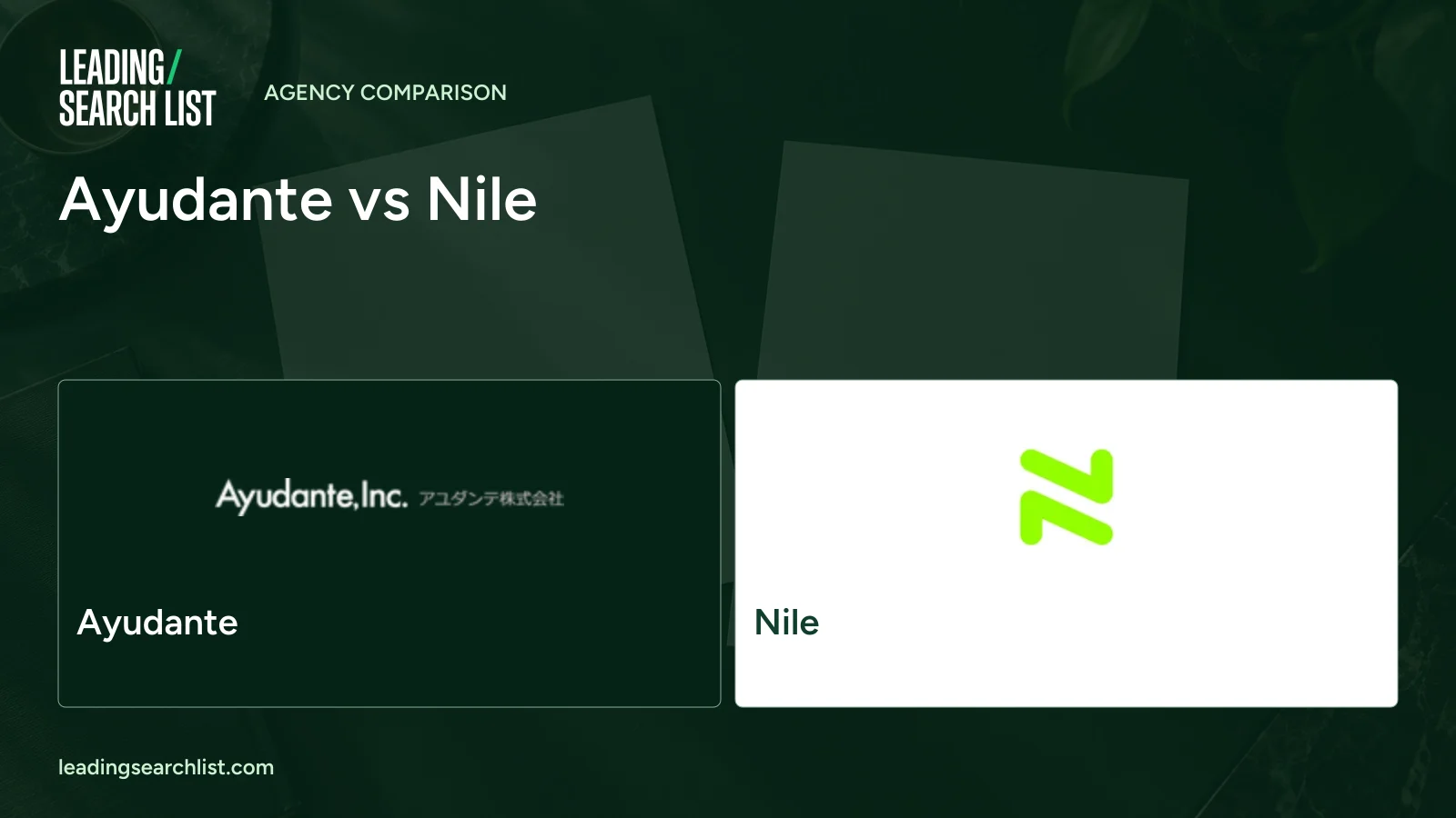 Ayudante vs Nile. Logos shown: Ayudante, Nile. Leading Search List.
