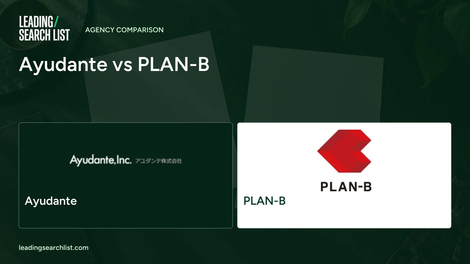 Ayudante vs PLAN-B. Logos shown: Ayudante, PLAN-B. Leading Search List.