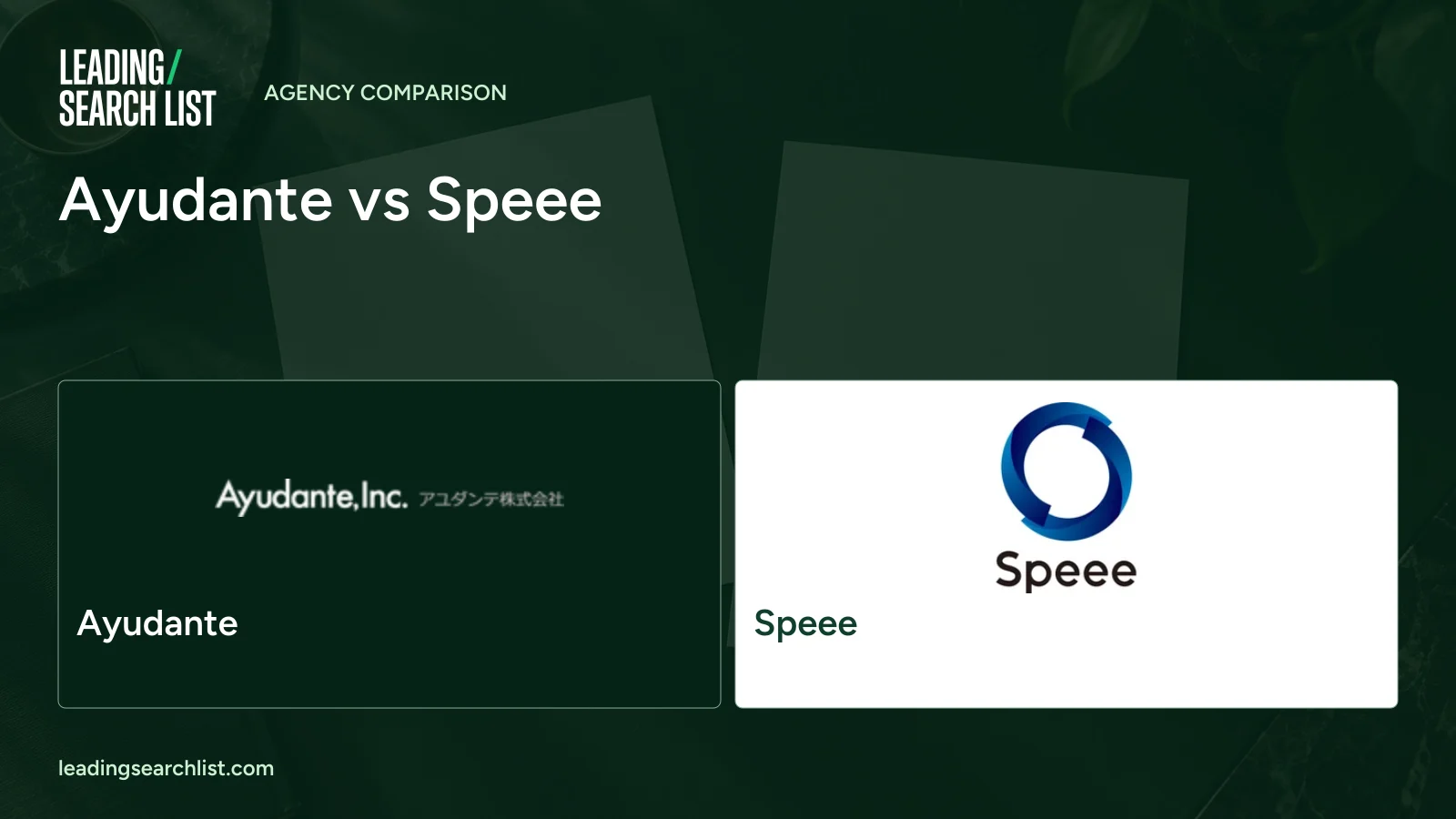 Ayudante vs Speee. Logos shown: Ayudante, Speee. Leading Search List.