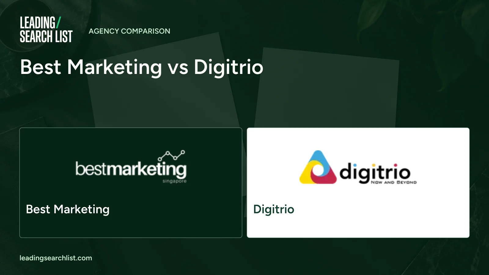 Best Marketing vs Digitrio. Logos shown: Best Marketing, Digitrio. Leading Search List.