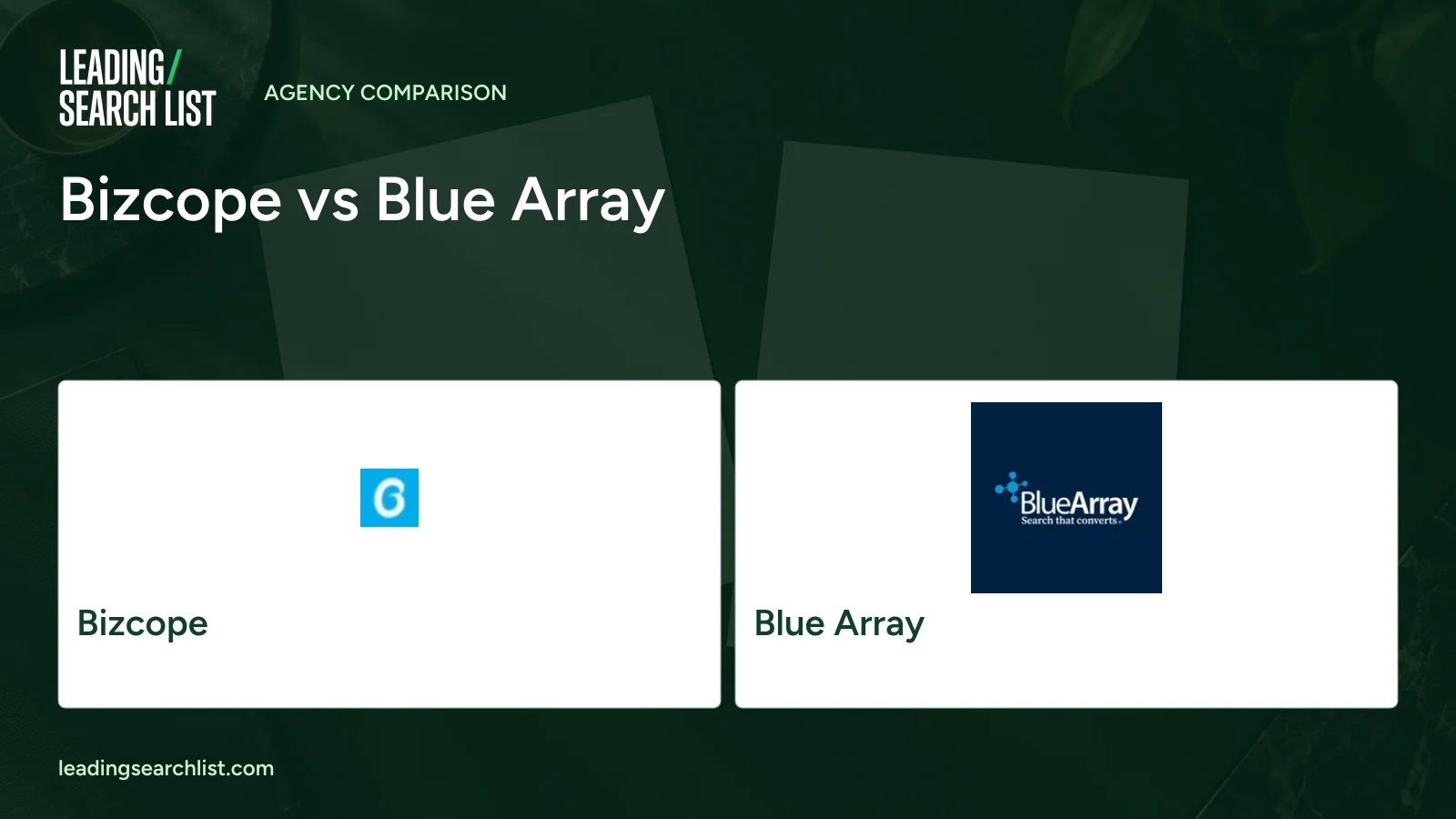 Bizcope vs Blue Array. Logos shown: Bizcope, Blue Array. Leading Search List.