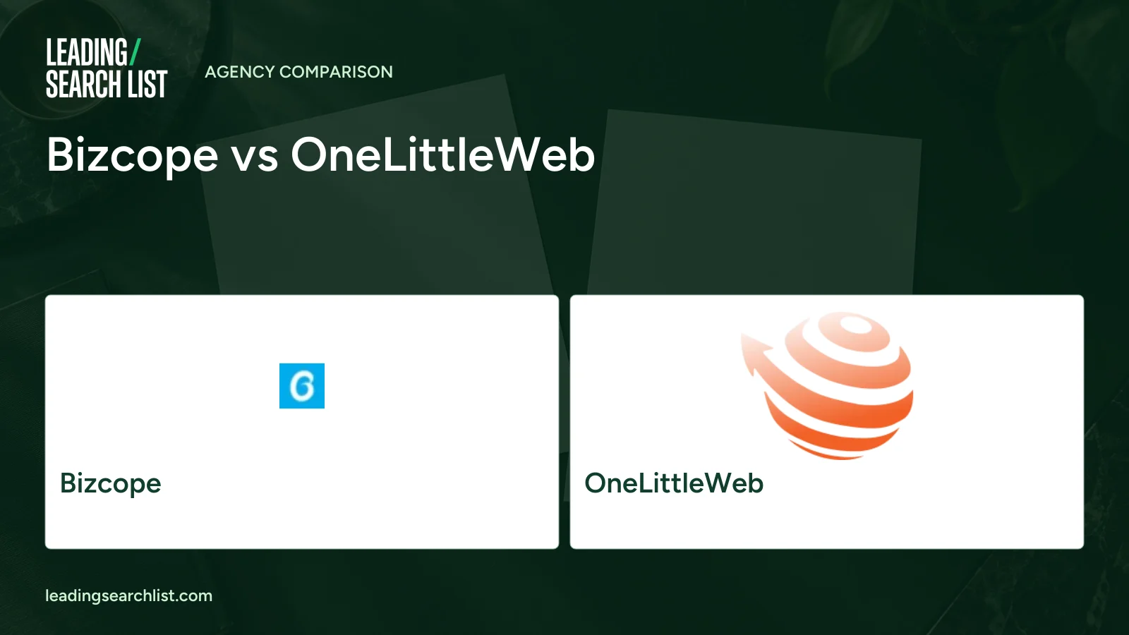 Bizcope vs OneLittleWeb. Logos shown: Bizcope, OneLittleWeb. Leading Search List.