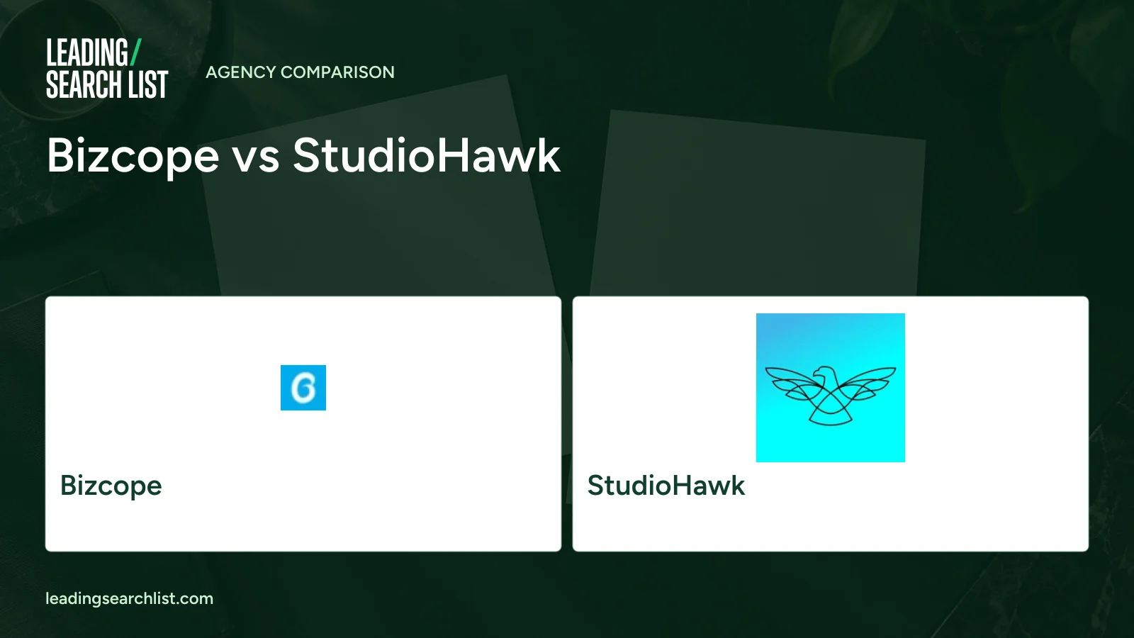 Bizcope vs StudioHawk. Logos shown: Bizcope, StudioHawk. Leading Search List.