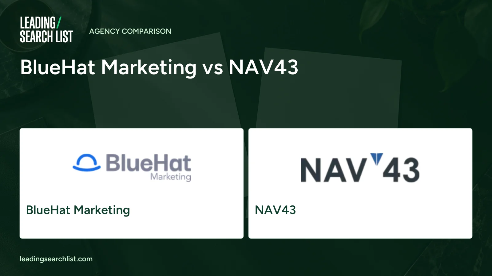 BlueHat Marketing vs NAV43. Logos shown: BlueHat Marketing, NAV43. Leading Search List.