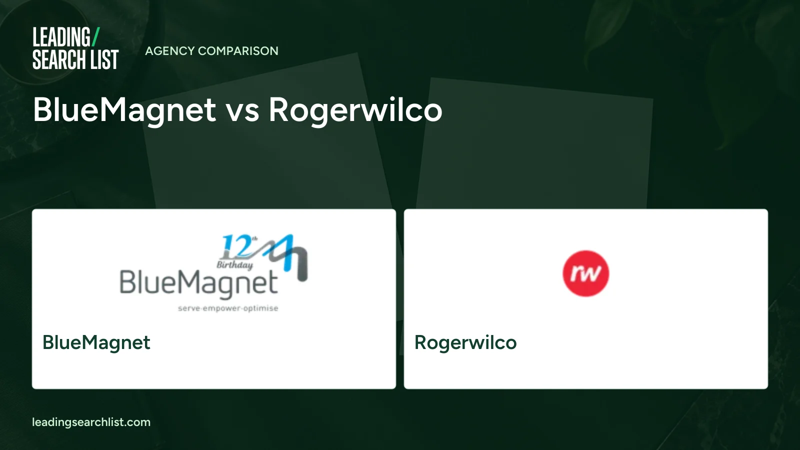 BlueMagnet vs Rogerwilco. Logos shown: BlueMagnet, Rogerwilco. Leading Search List.