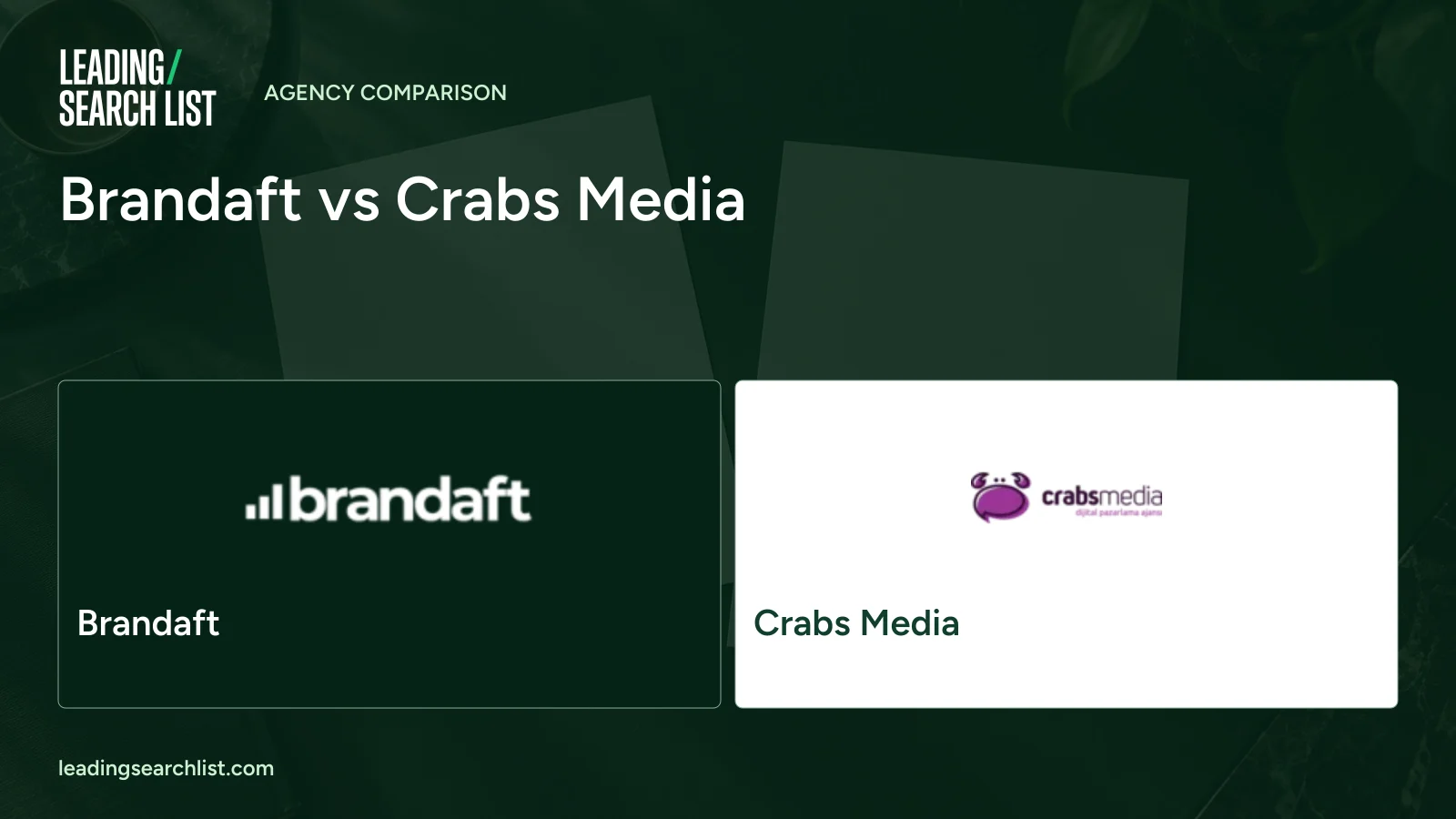 Brandaft vs Crabs Media. Logos shown: Brandaft, Crabs Media. Leading Search List.