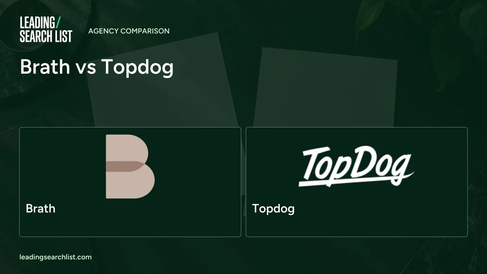 Brath vs Topdog. Logos shown: Brath, Topdog. Leading Search List.