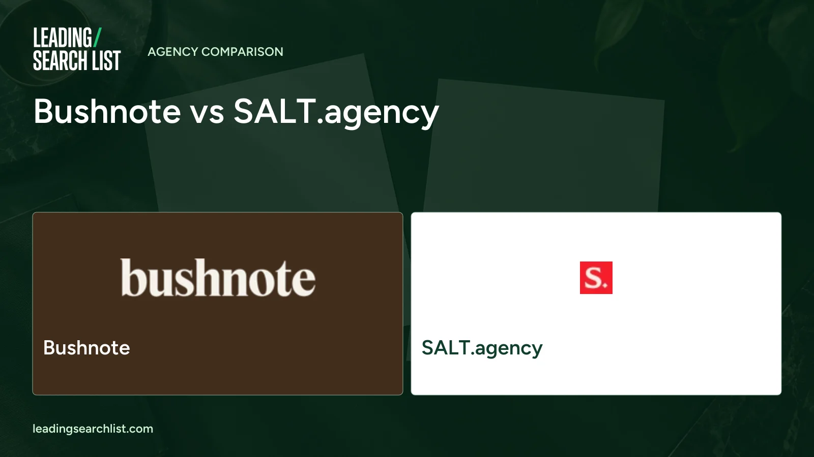 Bushnote vs SALT.agency. Logos shown: Bushnote, SALT.agency. Leading Search List.