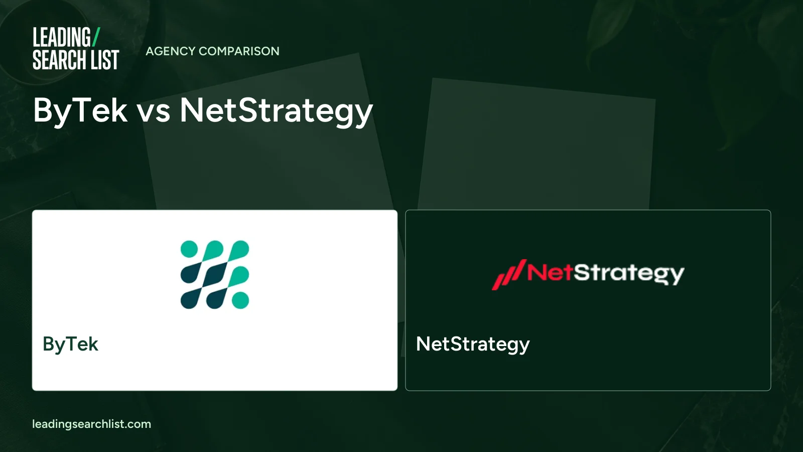 ByTek vs NetStrategy. Logos shown: ByTek, NetStrategy. Leading Search List.