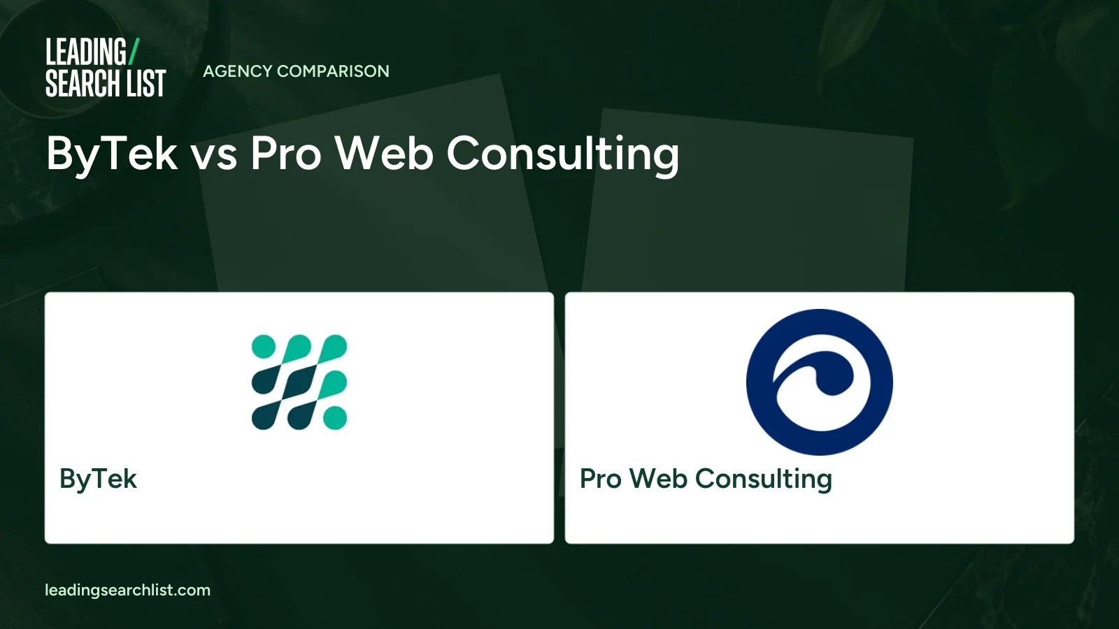 ByTek vs Pro Web Consulting. Logos shown: ByTek, Pro Web Consulting. Leading Search List.