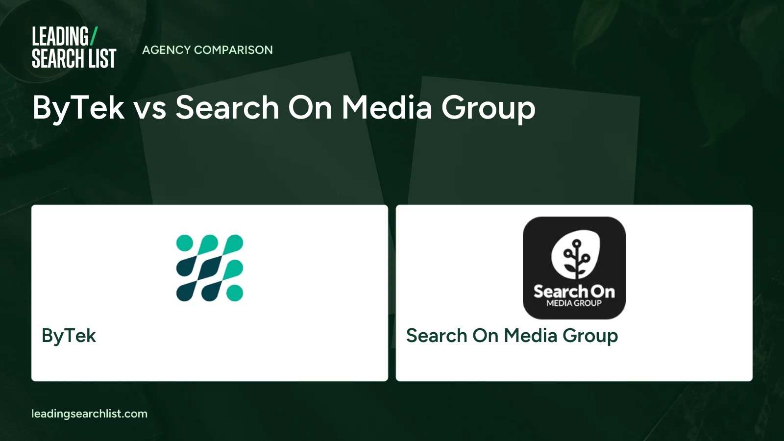 ByTek vs Search On Media Group. Logos shown: ByTek, Search On Media Group. Leading Search List.