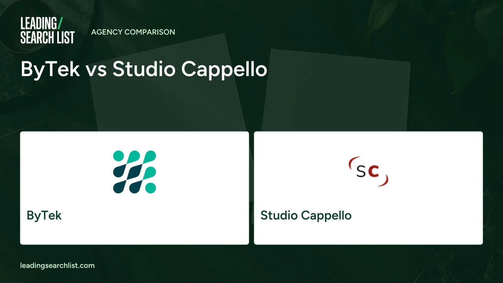 ByTek vs Studio Cappello. Logos shown: ByTek, Studio Cappello. Leading Search List.