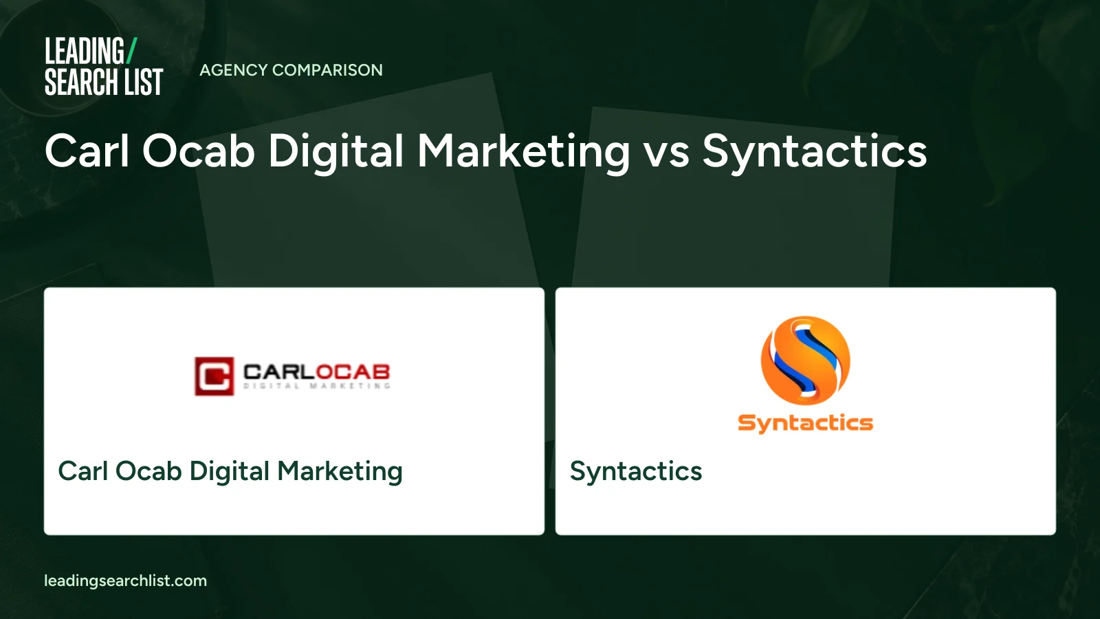 Carl Ocab Digital Marketing vs Syntactics. Logos shown: Carl Ocab Digital Marketing, Syntactics. Leading Search List.