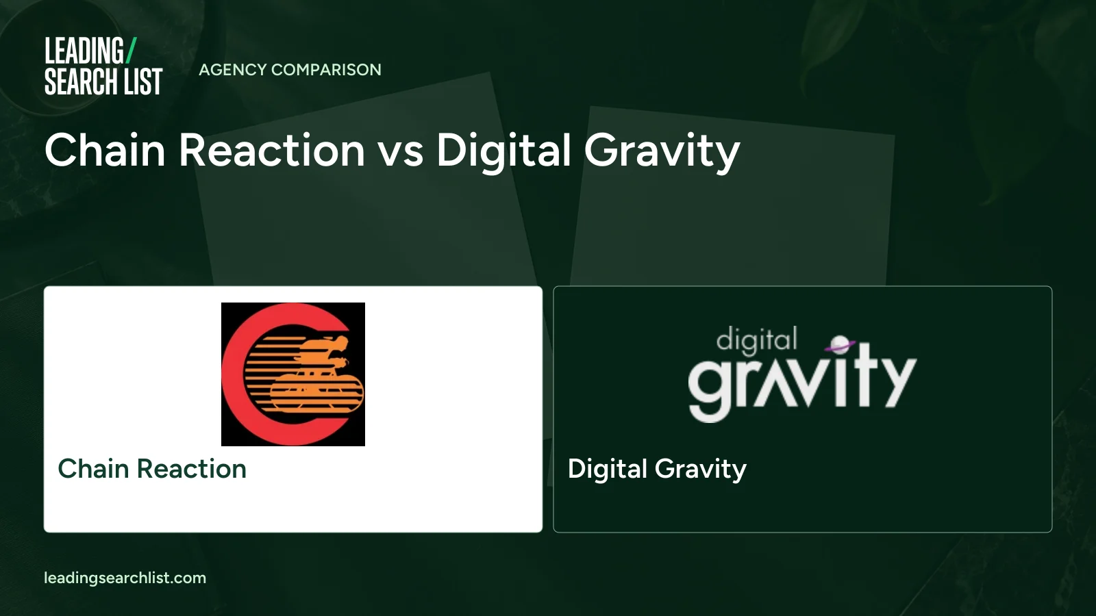 Chain Reaction vs Digital Gravity. Logos shown: Chain Reaction, Digital Gravity. Leading Search List.