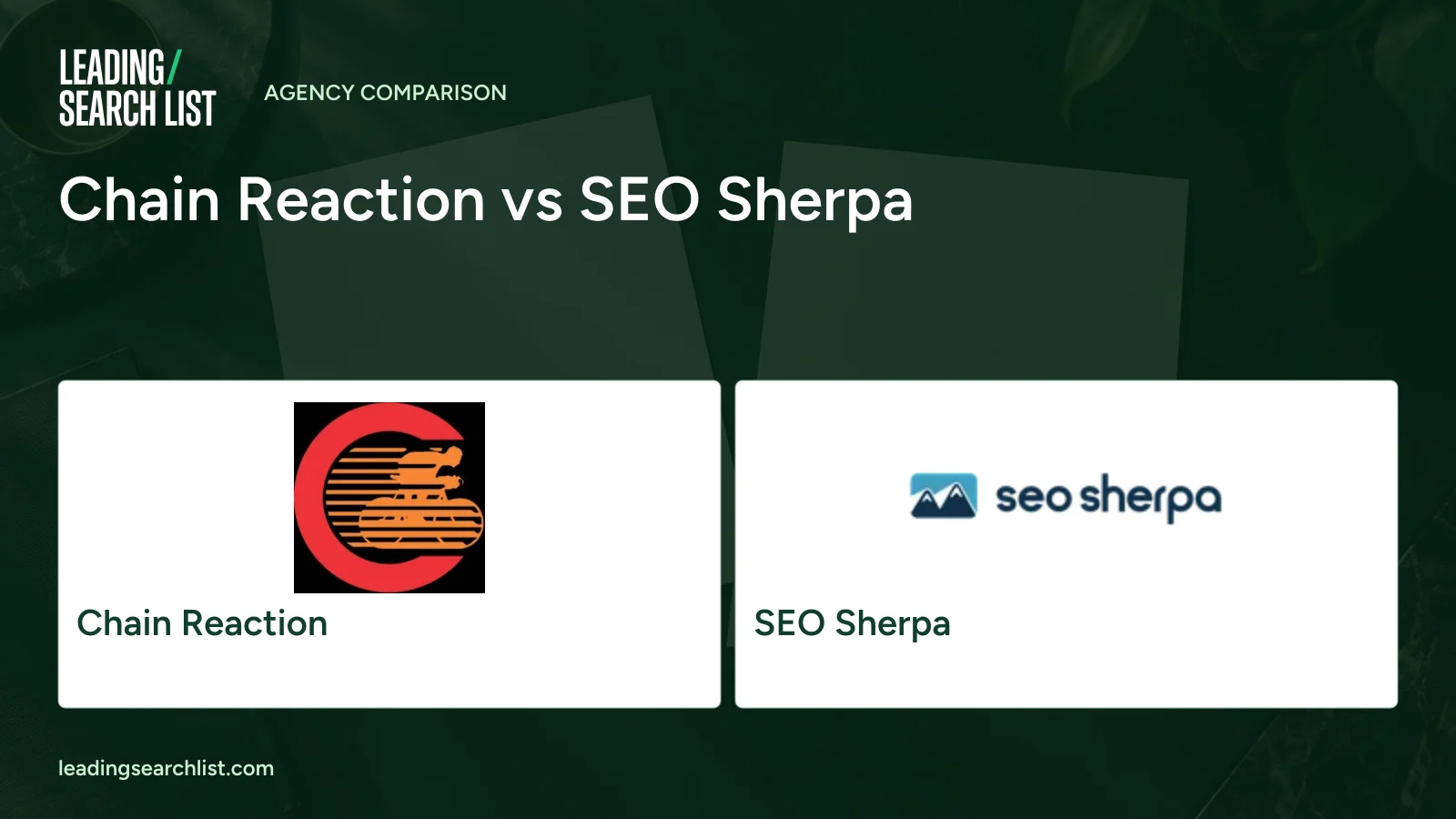 Chain Reaction vs SEO Sherpa. Logos shown: Chain Reaction, SEO Sherpa. Leading Search List.