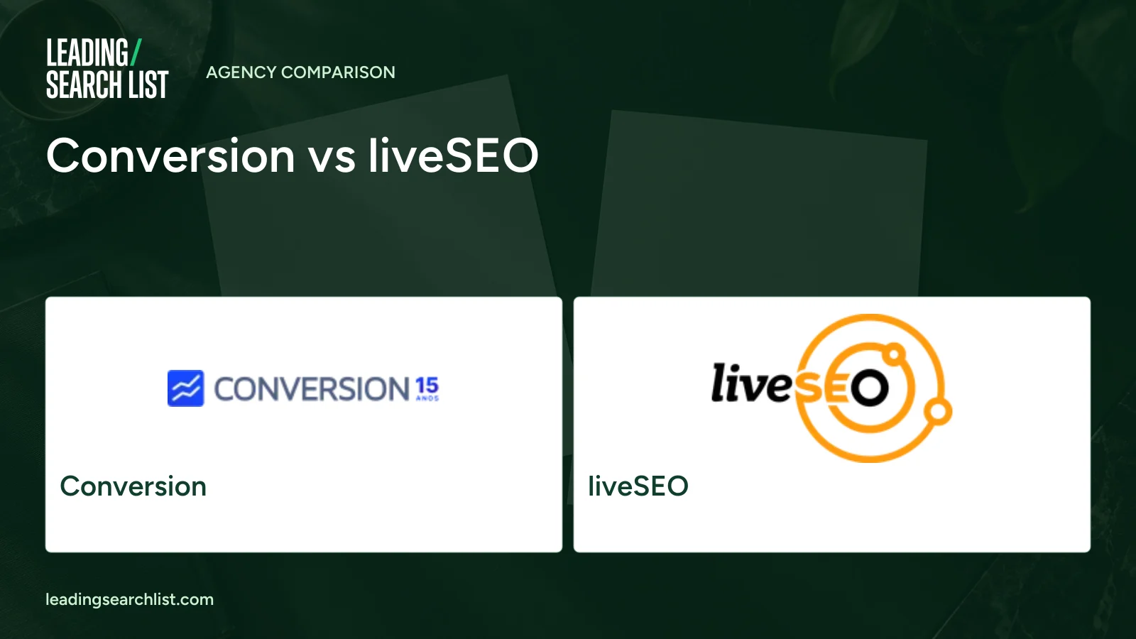 Conversion vs liveSEO. Logos shown: Conversion, liveSEO. Leading Search List.