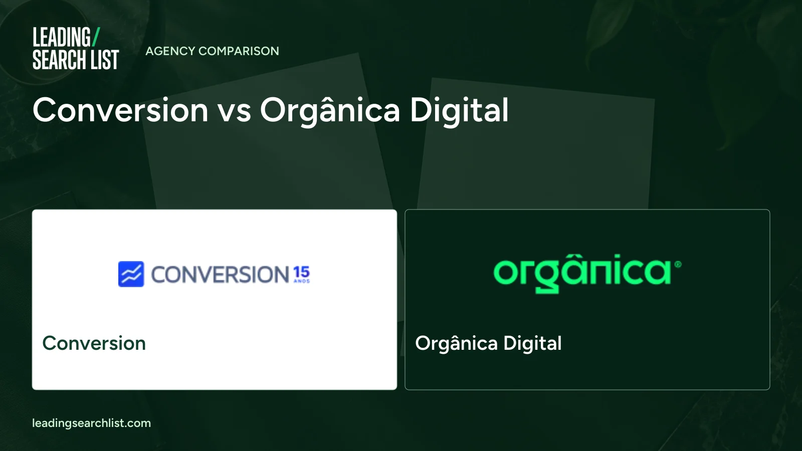 Conversion vs Orgânica Digital. Logos shown: Conversion, Orgânica Digital. Leading Search List.
