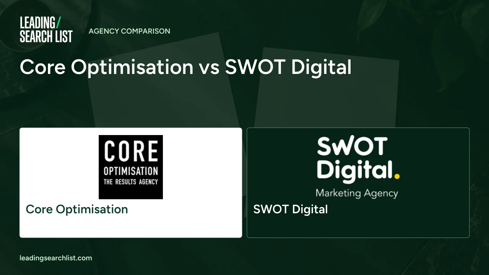 Core Optimisation vs SWOT Digital. Logos shown: Core Optimisation, SWOT Digital. Leading Search List.