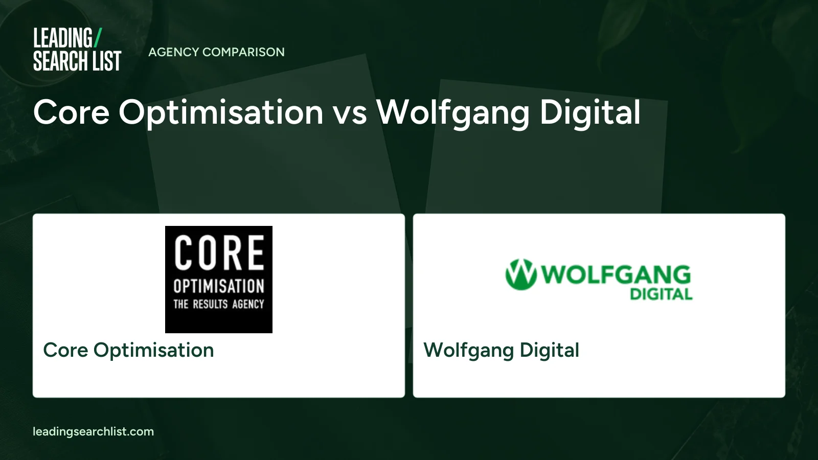 Core Optimisation vs Wolfgang Digital. Logos shown: Core Optimisation, Wolfgang Digital. Leading Search List.