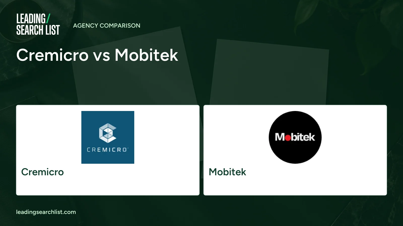 Cremicro vs Mobitek. Logos shown: Cremicro, Mobitek. Leading Search List.