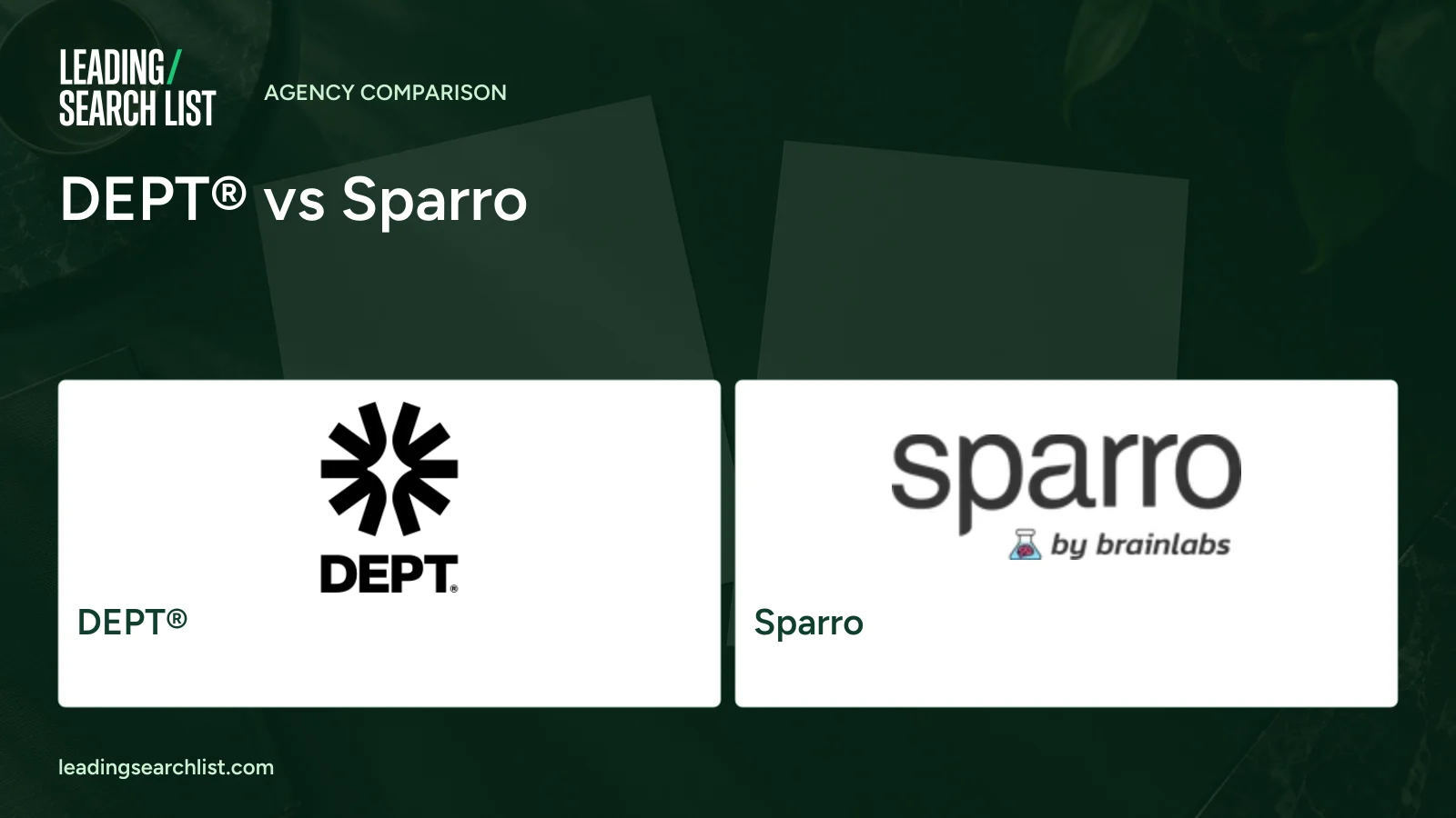 DEPT® vs Sparro. Logos shown: DEPT®, Sparro. Leading Search List.