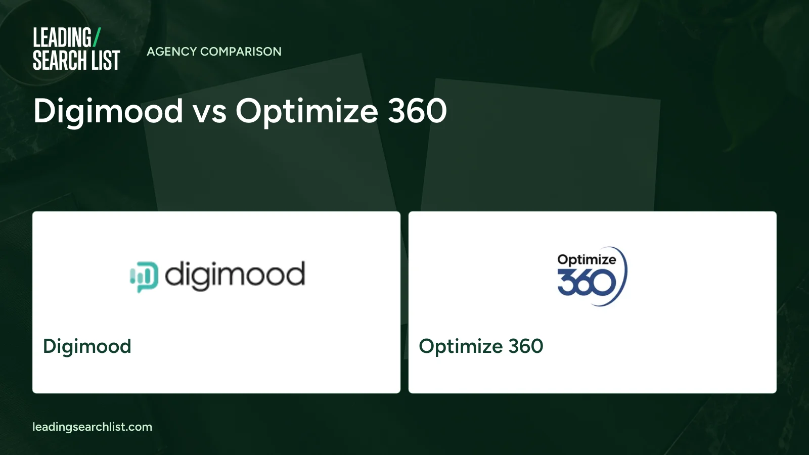 Digimood vs Optimize 360. Logos shown: Digimood, Optimize 360. Leading Search List.
