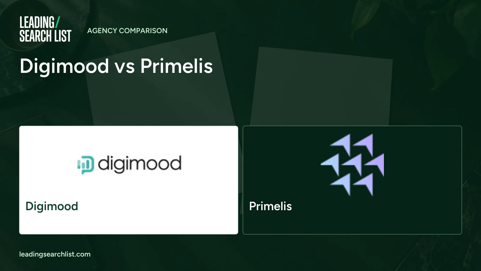 Digimood vs Primelis. Logos shown: Digimood, Primelis. Leading Search List.